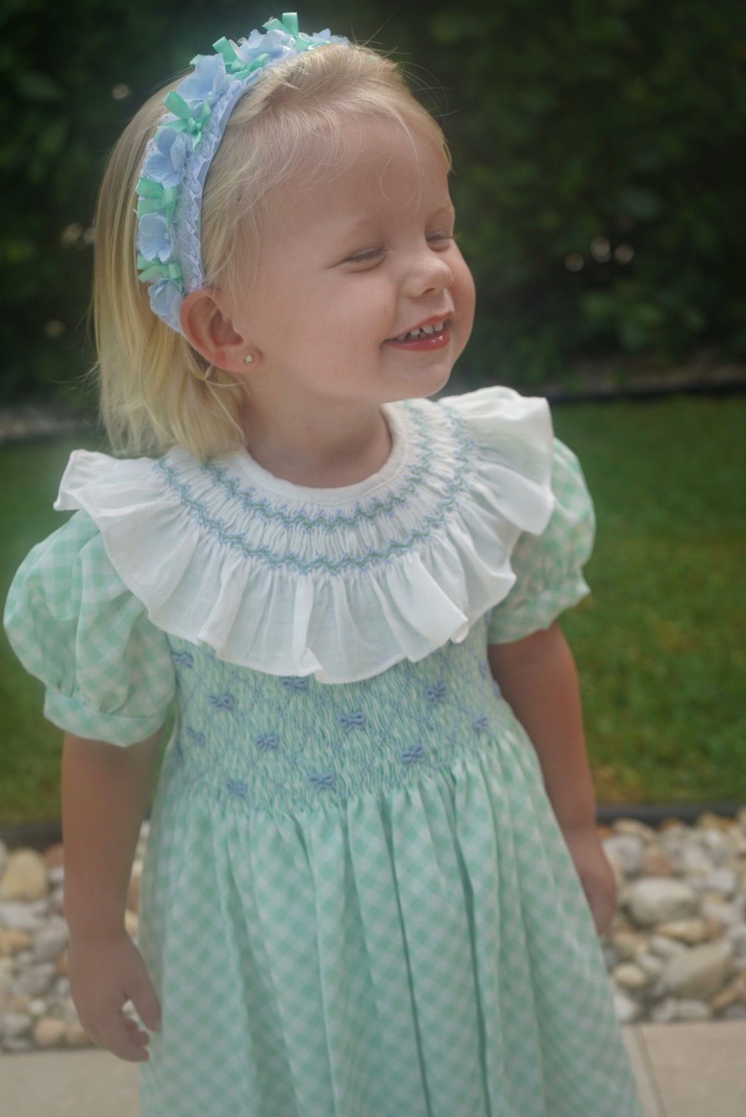 Girl wearing Joe Green Gingham Dress outdoors