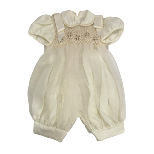 Ernest Ivory Boy Handsmocked Romper with rounded collar and delicate embroidered handsmocking