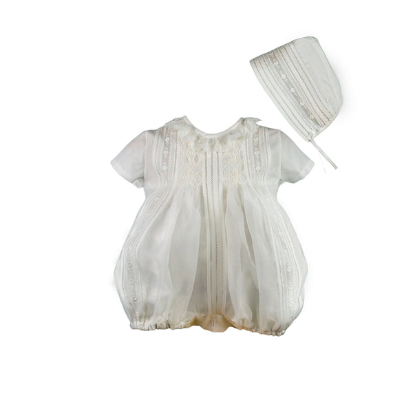PREORDER Gustav White Handsmocked Romper with Bonnet (SHIPS DECEMBER)